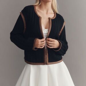 Anthropologie Black Cable Knit Cardigan with faux leather Brown Trim